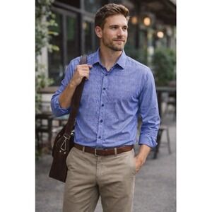 Williams & Kent Shirt‎ Mens XL Blue Check Woven Button Front Long Sleeve Casual